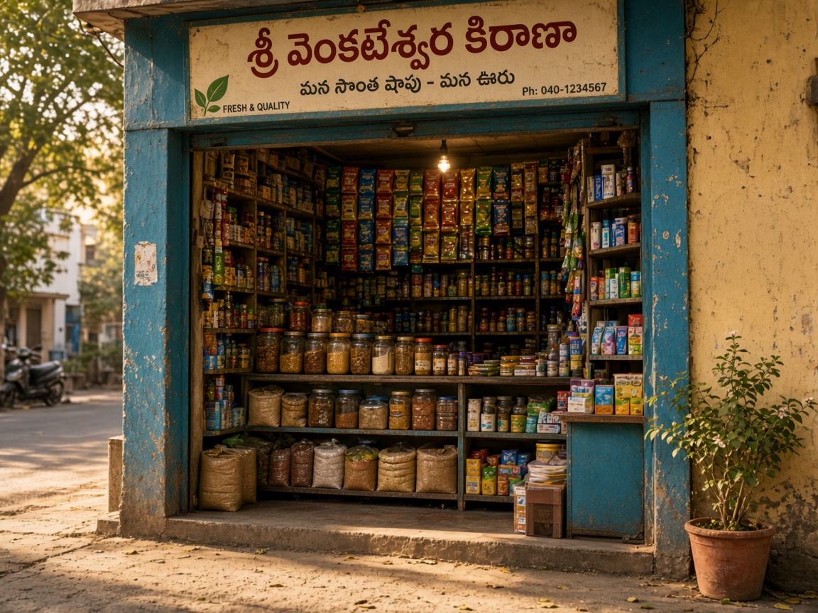 A colourful neighbourhood kirana shop with shelves of daily essentials.