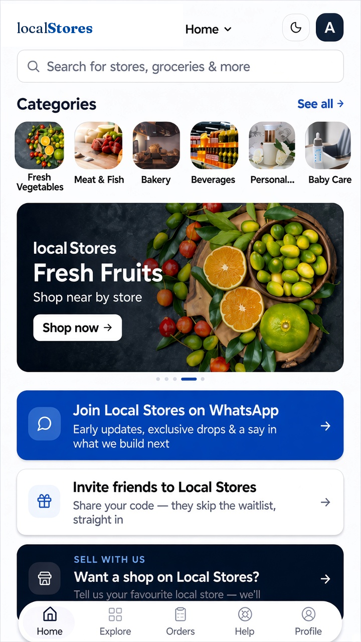 The localStores app home screen: search, category tiles and a fresh fruits promotion.